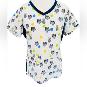 Cherokee Blue and White Owl and pineapple Print Scrub Top